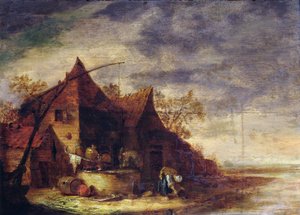 Vrouw voor een huisje